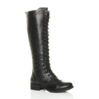 Front right side view of Black PU Low Heel Military Calf Knee Boots