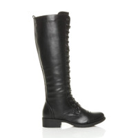 Right side view of Black PU Low Heel Military Calf Knee Boots