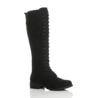 Front right side view of Black Suede Low Heel Military Calf Knee Boots