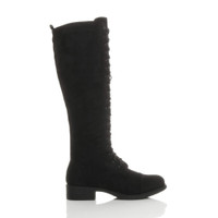 Right side view of Black Suede Low Heel Military Calf Knee Boots