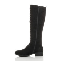 Left side view of Black Suede Low Heel Military Calf Knee Boots