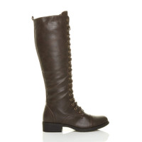 Right side view of Brown PU Low Heel Military Calf Knee Boots