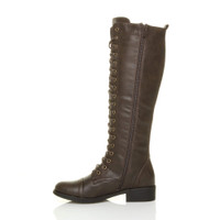 Left side view of Brown PU Low Heel Military Calf Knee Boots