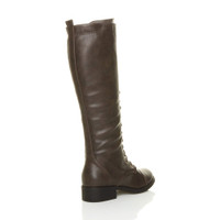 Back right side view of Brown PU Low Heel Military Calf Knee Boots