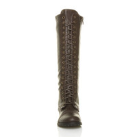 Front view of Brown PU Low Heel Military Calf Knee Boots