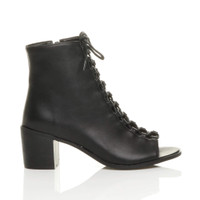 Right side view of Black PU Mid Block Heel Ghillie Peep Toe Ankle Boots