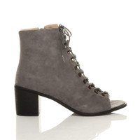 Right side view of Grey Suede Mid Block Heel Ghillie Peep Toe Ankle Boots