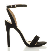 Right side view of Black Suede High Heel Barely There Strappy Sandals