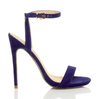 Right side view of Cobalt Blue Suede High Heel Barely There Strappy Sandals