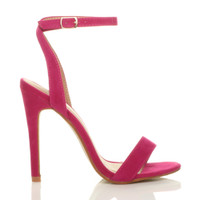 Right side view of Fuchsia Pink Suede High Heel Barely There Strappy Sandals