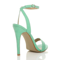 Back right side view of Mint Suede High Heel Barely There Strappy Sandals