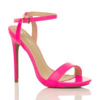 Front right side view of Neon Fuchsia Patent High Heel Barely There Strappy Sandals