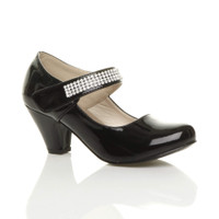 Front right side view of Black Patent Mid Heel Mary Jane Diamante Court Shoes