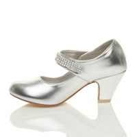 Left side view of Silver PU Mid Heel Mary Jane Diamante Court Shoes