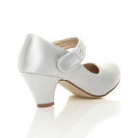 Back right side view of Silver Satin Mid Heel Mary Jane Diamante Court Shoes