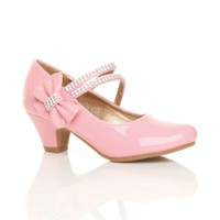 Front right side view of Pink Patent Mid Heel Mary Jane Diamante Bow Court Shoes