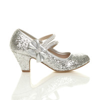 Right side view of Silver Glitter Mid Heel Mary Jane Diamante Bow Court Shoes