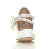 Front view of White Patent Mid Heel Mary Jane Diamante Bow Court Shoes