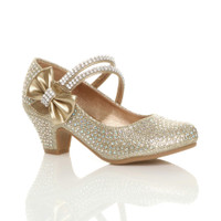 Front right side view of Gold Diamante Glitter Mid Heel Mary Jane Diamante Bow Court Shoes