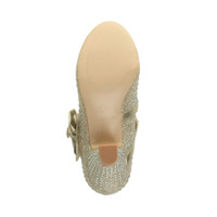 Bottom view of the sole of Gold Diamante Glitter Mid Heel Mary Jane Diamante Bow Court Shoes