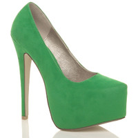 Front right side view of Green Turquoise Suede High Heel Pointed Platform Court Shoes