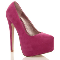 Front right side view of Fuchsia Pink Suede High Heel Pointed Platform Court Shoes