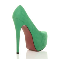 Back right side view of Golf Green Suede High Heel Pointed Platform Court Shoes