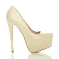 Right side view of Off White Cream Patent High Heel Pointed Platform Court Shoes