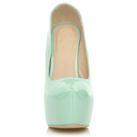Front view of Mint Patent High Heel Pointed Platform Court Shoes