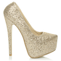 Right side view of Gold Glitter High Heel Pointed Platform Court Shoes
