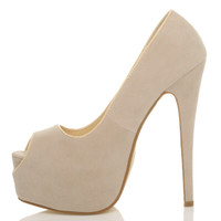 Left side view of Nude Suede High Heel Platform Almond Peep Toe Court Shoes