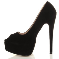 Left side view of Black PU High Heel Platform Almond Peep Toe Court Shoes