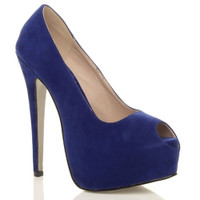 Front right side view of Cobalt Blue Suede High Heel Platform Almond Peep Toe Court Shoes