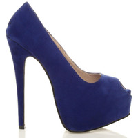 Right side view of Cobalt Blue Suede High Heel Platform Almond Peep Toe Court Shoes