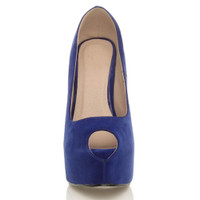 Front view of Cobalt Blue Suede High Heel Platform Almond Peep Toe Court Shoes