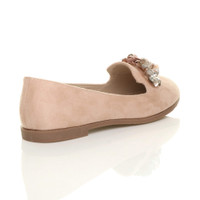Back right side view of Pink Suede Flat Flower Diamante Loafers Shoes