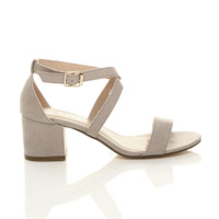 Right side view of Grey Suede Mid Block Heel Cross Strap Party Strappy Sandals