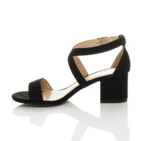Left side view of Black Suede Mid Block Heel Cross Strap Party Strappy Sandals