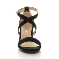 Front view of Black Suede Mid Block Heel Cross Strap Party Strappy Sandals