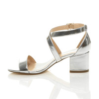 Left side view of Silver PU Mid Block Heel Cross Strap Party Strappy Sandals