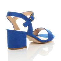 Back right side view of Cobalt Blue Suede Mid Block Heel Ankle Strap Barely There Sandals