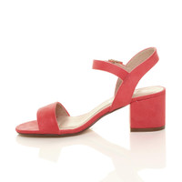 Left side view of Coral Suede Mid Block Heel Ankle Strap Barely There Sandals