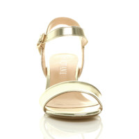 Front view of Gold PU Mid Block Heel Ankle Strap Barely There Sandals