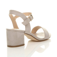 Back right side view of Grey Suede Mid Block Heel Ankle Strap Barely There Sandals
