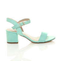 Right side view of Mint Green Suede Mid Block Heel Ankle Strap Barely There Sandals