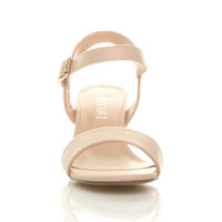 Front view of Nude PU Mid Block Heel Ankle Strap Barely There Sandals