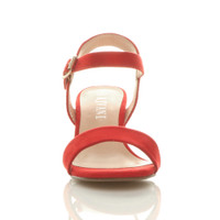 Front view of Red Suede Mid Block Heel Ankle Strap Barely There Sandals