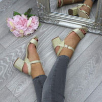Model wearing Gold Glitter Mid Block Heel Ankle Strap Barely There Sandals