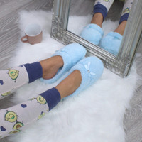 Model wearing Baby Blue Flat Fleece Fluffy Mules Slippers