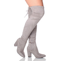 Model wearing Grey Suede High Block Heel Lace Up Over The Knee Boots